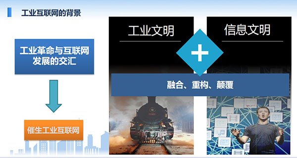 工業(yè)互聯(lián)網(wǎng)的背景：工業(yè)革命與互聯(lián)網(wǎng)發(fā)展的交匯催生出工業(yè)互聯(lián)網(wǎng)，工業(yè)文明加信息文明融合、重構(gòu)、顛覆。