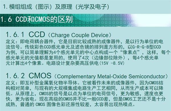 內窺鏡成像模組CCD和CMOS的區別：CCD（Charge&nbsp;Couple&nbsp;Device） 定義：即電荷耦合器件，它是目前比較成熟的成像器件，是以行為單位的電 流信號。傳統彩色CCD感光單元及濾色鏡的排列是方形的，以G-R-G-B型CCD 為例，可以簡單理解為4個感光單元的中心點構成一個“像素點”，這樣，每個 感光單元的光值都是復用的，使用了4次（邊緣部位除外），每4個感光單 元計算出4個像素。電路設計復雜要高壓供電(15V -8.5V)  CMOS（Complementary&nbsp;Metal-Oxide&nbsp;Semiconductor） 定義：即互補型金屬氧化物半導體。它被看作未來的成像器件，因為CMOS結 構相對簡單，與現有的大規模集成電路生產工藝相同，從而生產成本可以降 低。從原理上，CMOS的信號是以點為單位的電荷信號，更為敏感，速度也更 快，更為省電。現在高級的CMOS并不比一般CCD差，但是CMOS工藝還不是十分 成熟，普通的&nbsp;CMOS&nbsp;圖像色彩還原性較差，太容易出現熱噪點。
