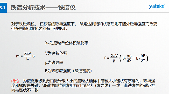 鐵譜儀中顆粒的沉積過程：含有磨粒的油樣流經磁場時，磨粒受到重力、 液體浮力、 磁場力和顆粒 下落過程中所受油液粘滯阻力的聯合作用。  重力和浮力的合力同磁場力相比是很小的，可以忽略不計，在磨粒的沉積過程中，磁場力和粘滯阻力起著決定性的作用。